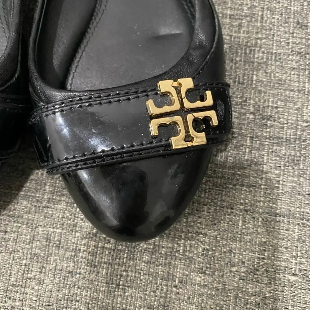 Tory Burch Eloise Black Leather Logo Ballet Flats Women Size 7